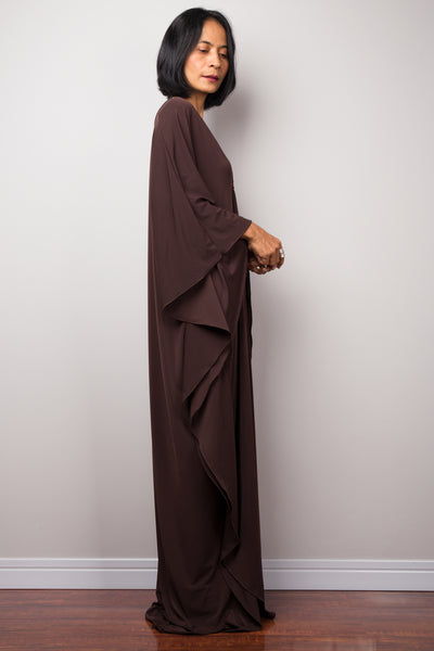 Brown kaftan dress with plunging neckline, sideview