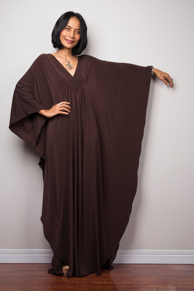 Elegant brown evening dress.  Nuichan offers timeless kaftans at affordable prices. Long styles dress.