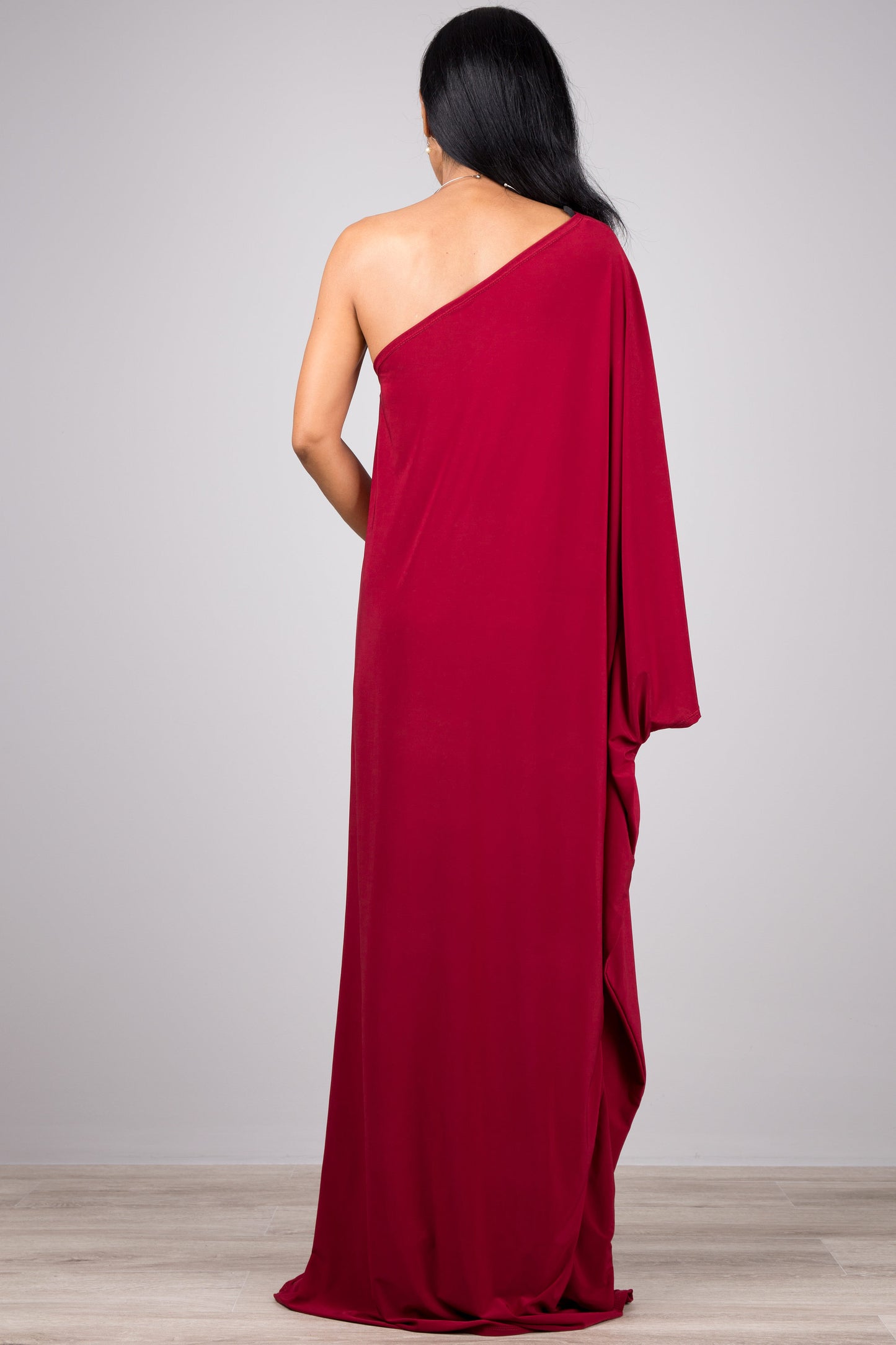 Long red one shoulder evening dress. Off the shoulder kaftan dress by Nuichan