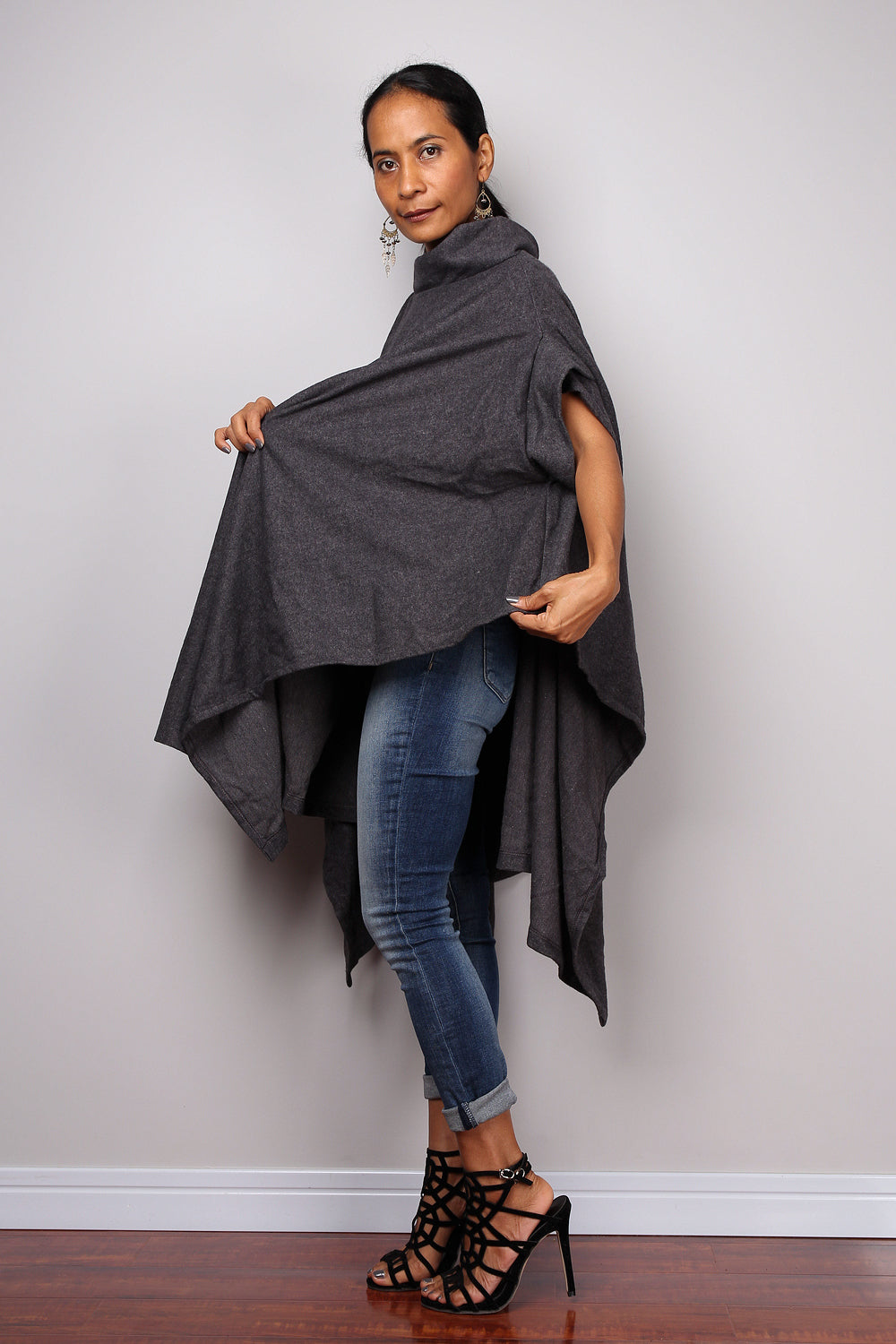Grey knitted sweater cape