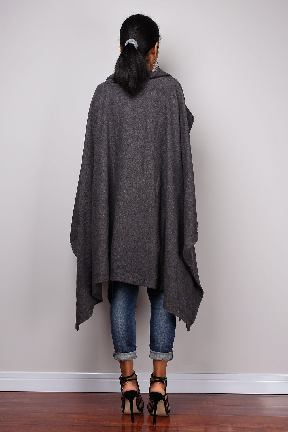Dark grey, knitted sweater poncho cape by Nuichan