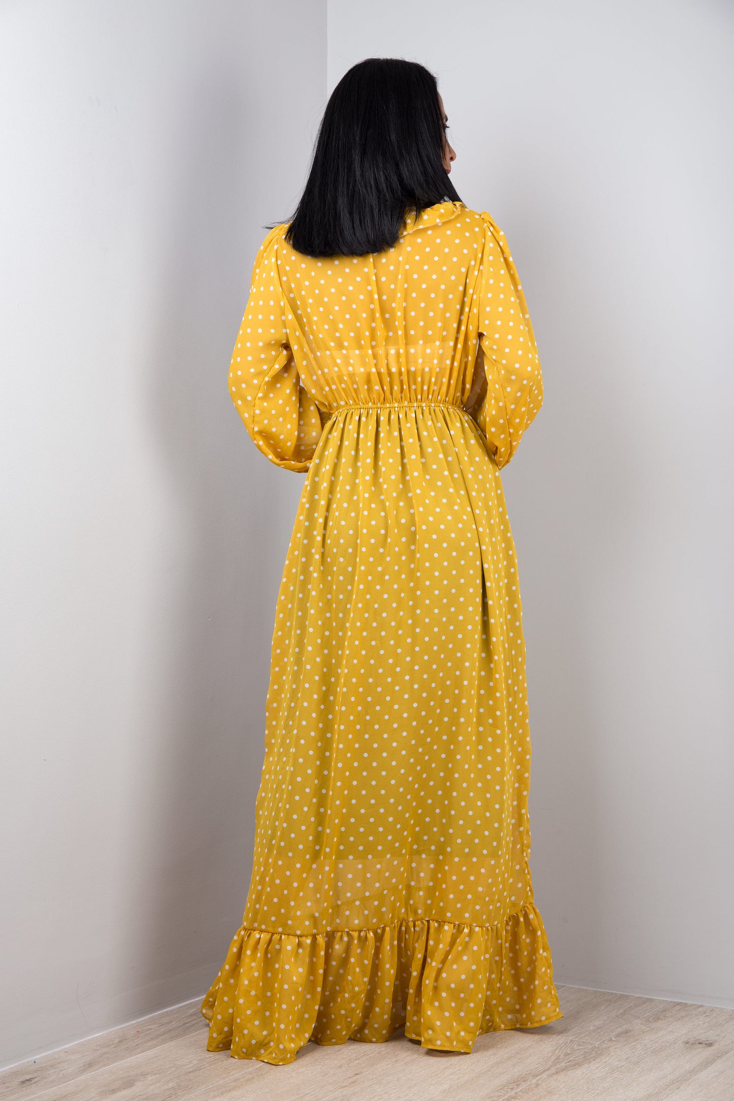 Long chiffon maxi dress. Back view