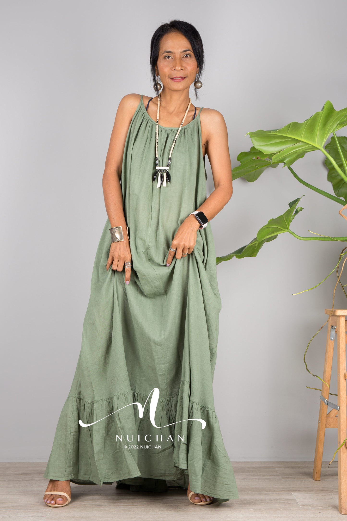 Nuichan Women's Cotton cami dress with open back | Green slip dress