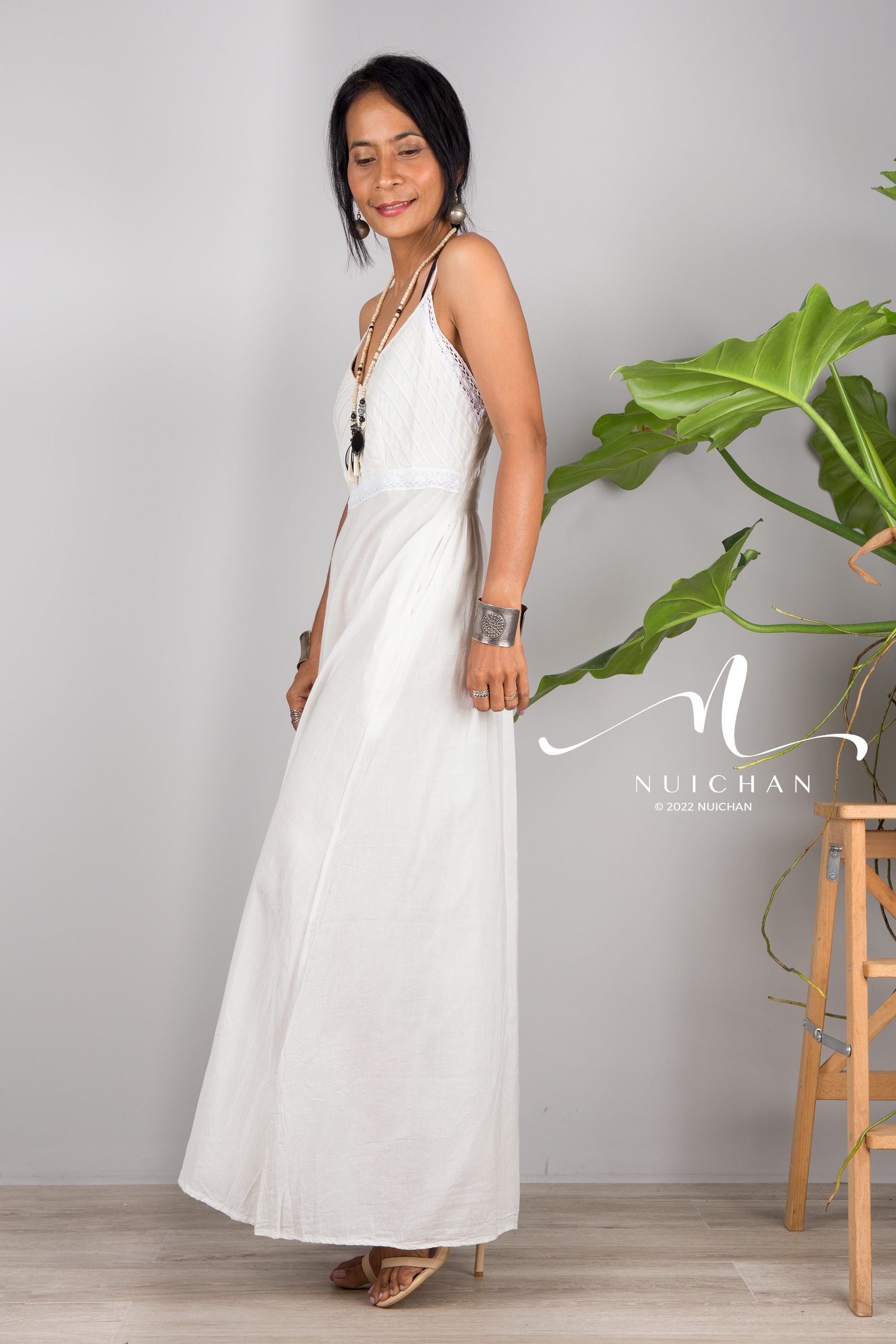 Nuichan Women's Cotton cami dress | White cotton slip dress