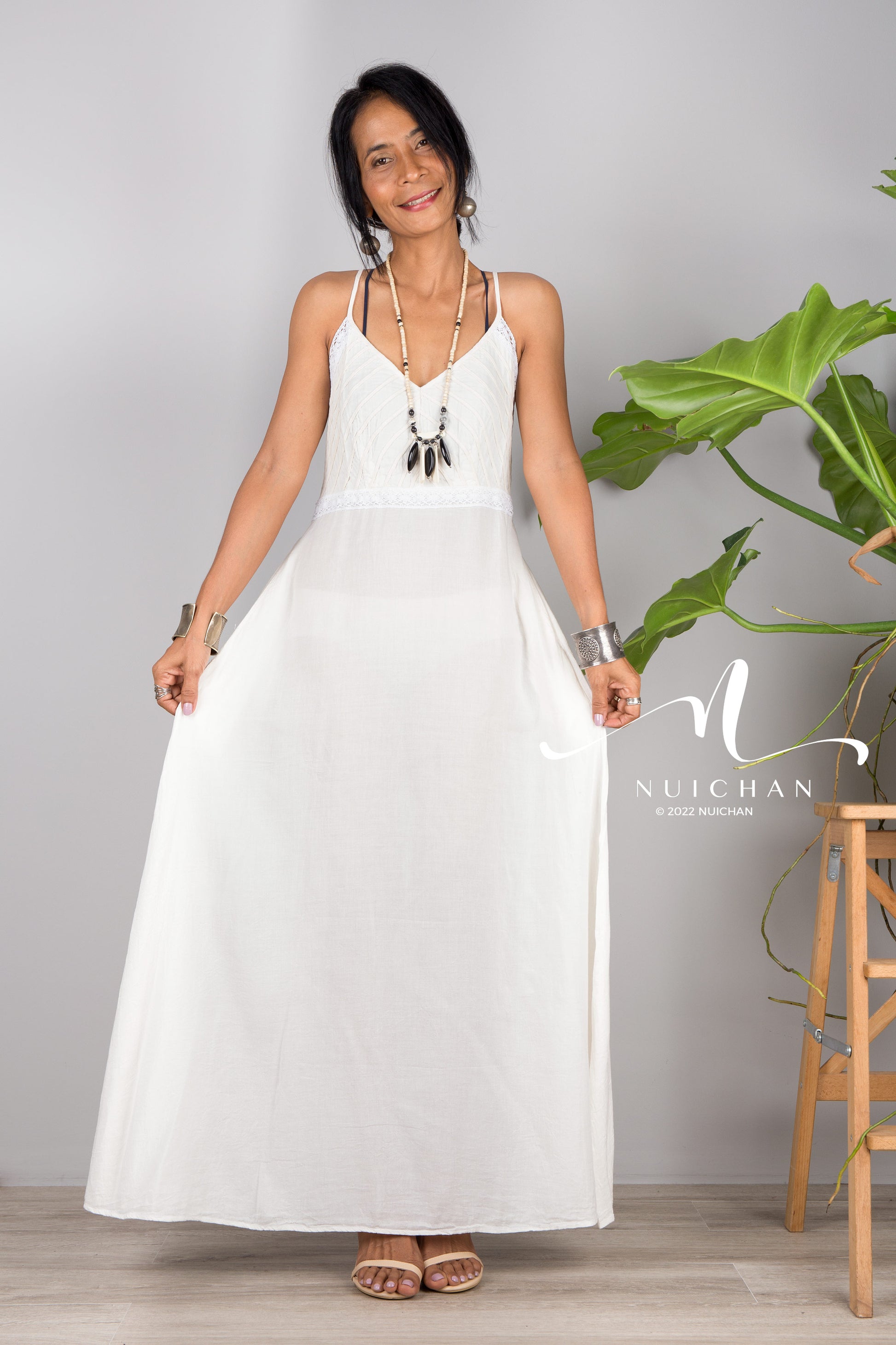 Nuichan Women's Cotton cami dress | White cotton slip dress