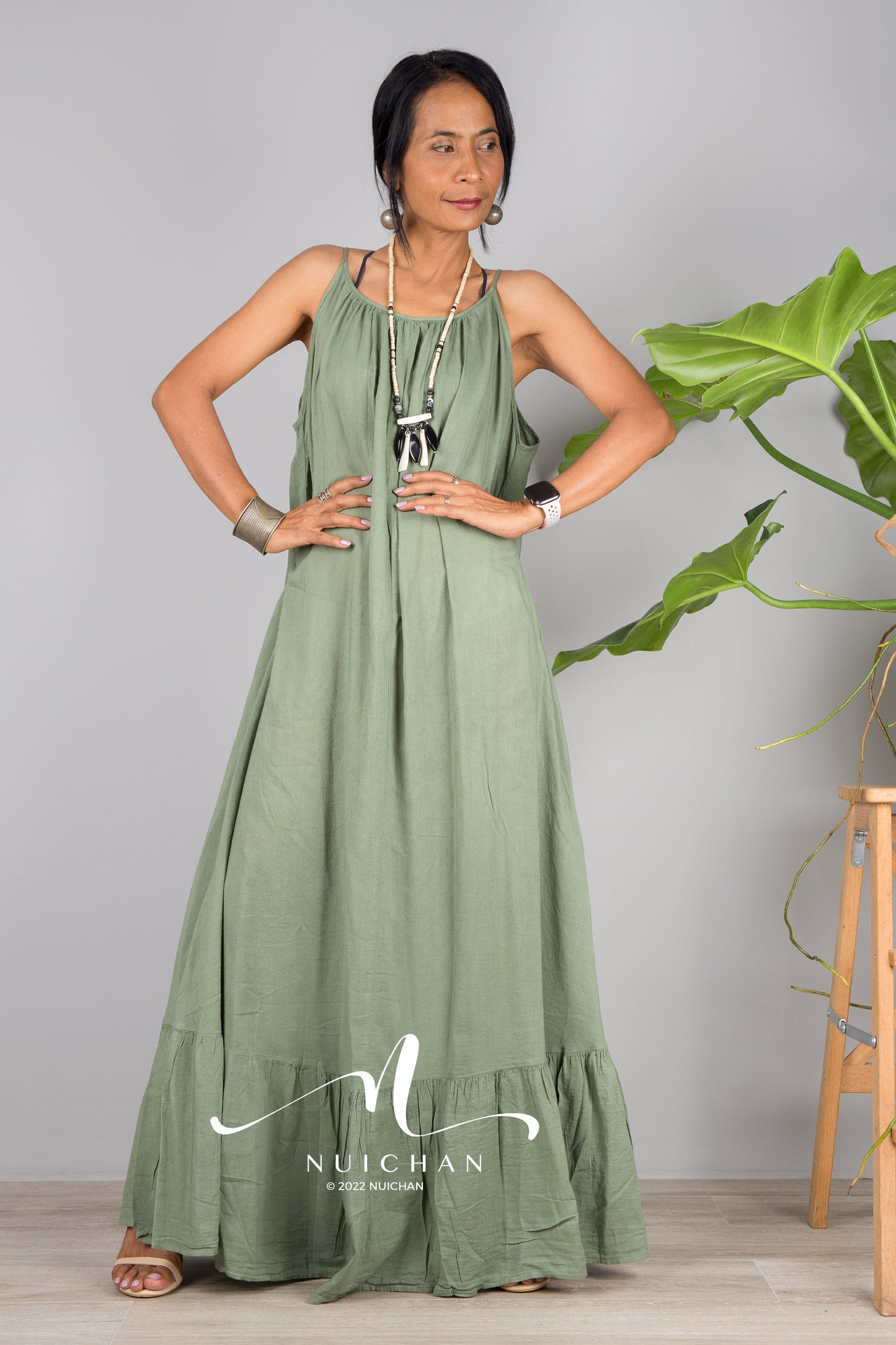 Nuichan Women's Cotton cami dress with open back | Green slip dress