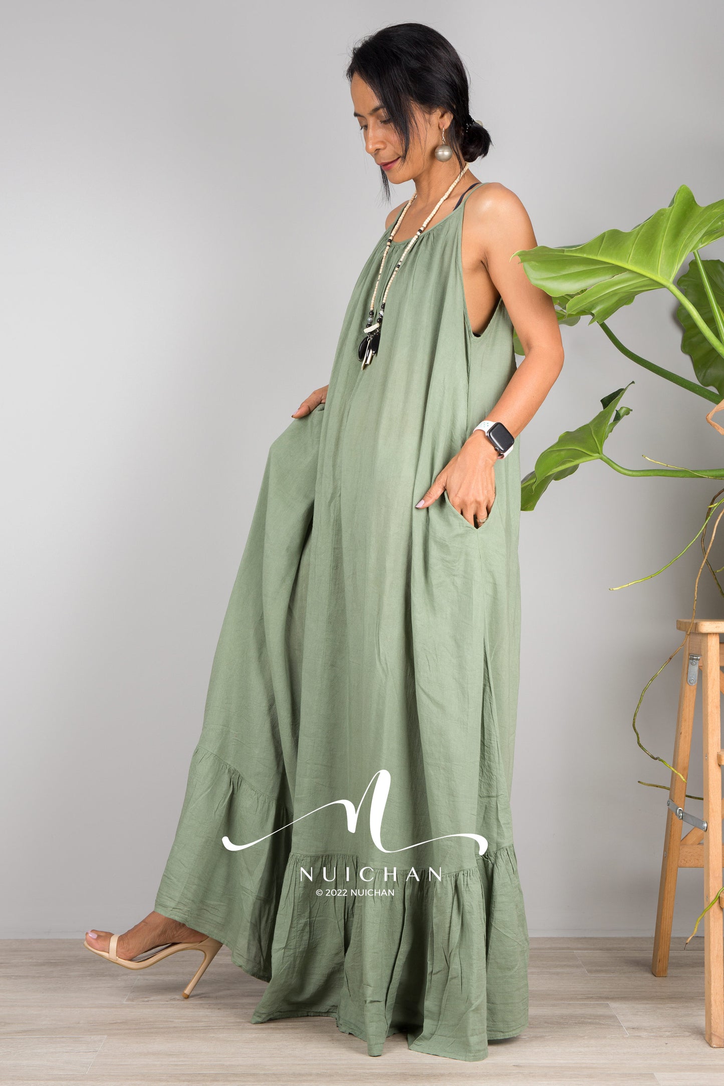 Nuichan Women's Cotton cami dress with open back | Green slip dress