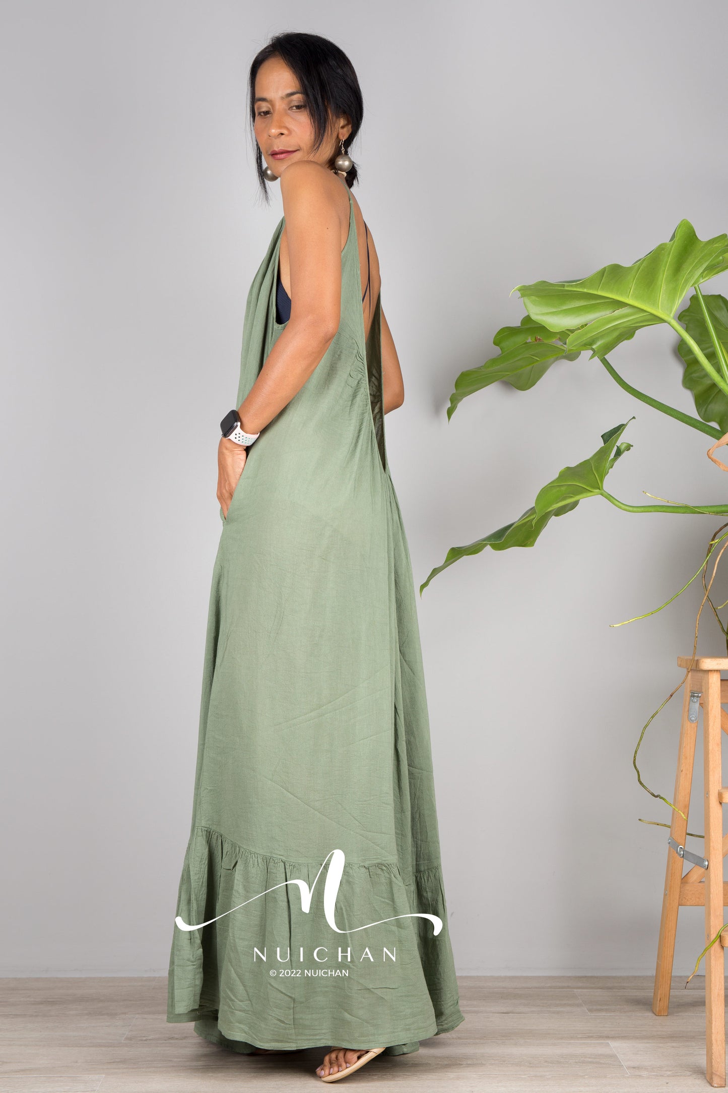 Nuichan Women's Cotton cami dress with open back | Green slip dress