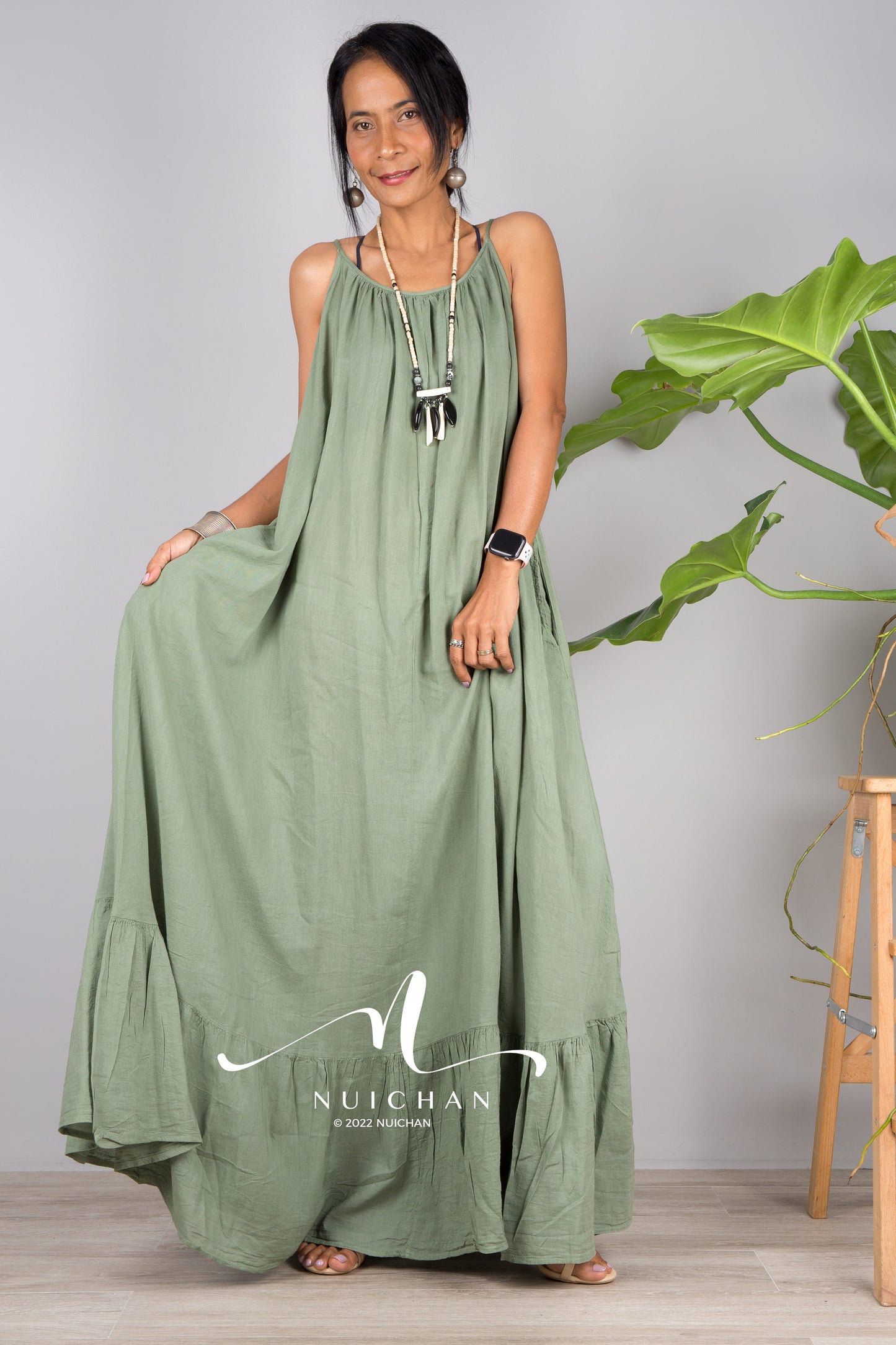 Nuichan Women's Cotton cami dress with open back | Green slip dress