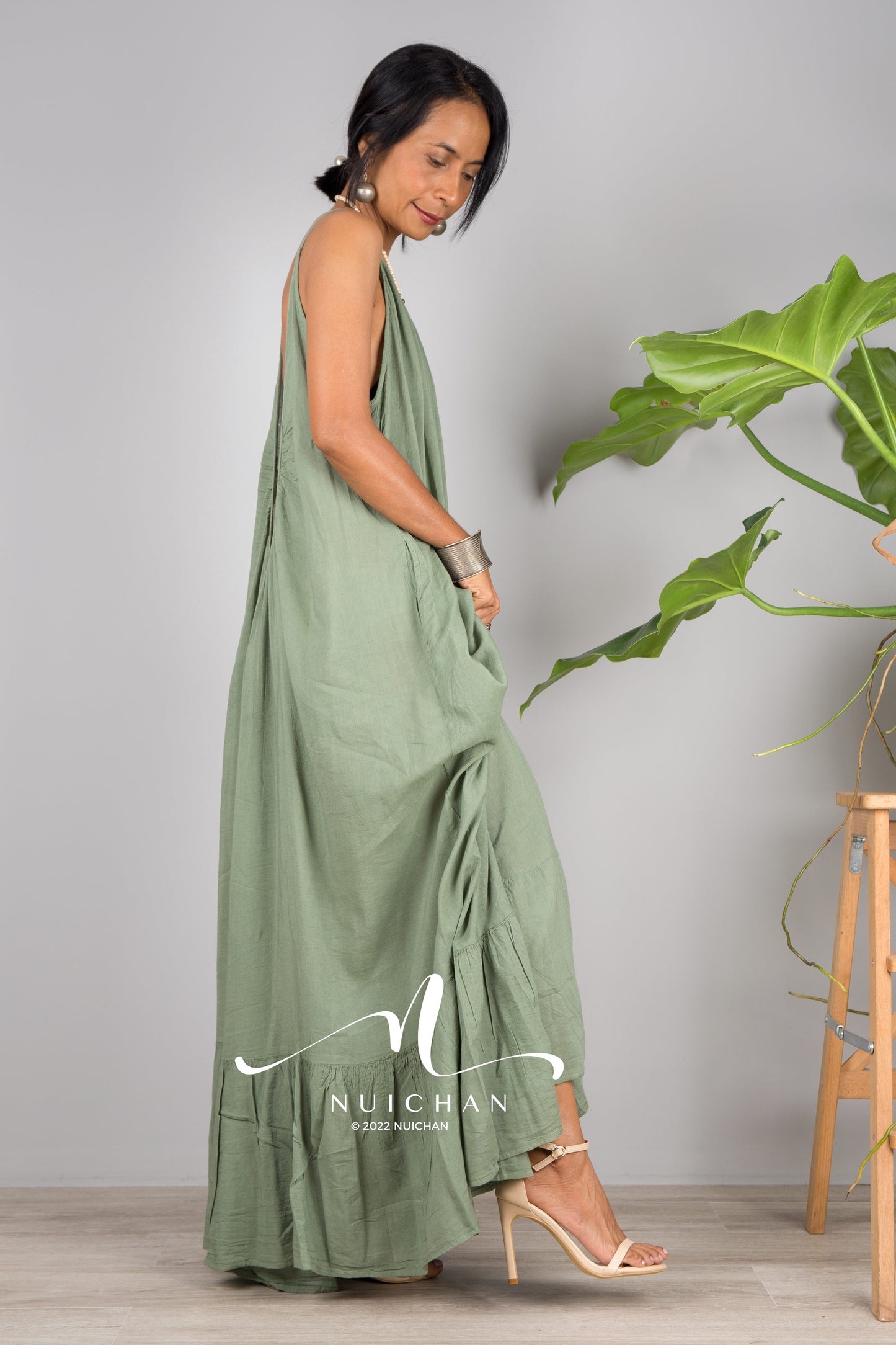 Nuichan Women's Cotton cami dress with open back | Green slip dress