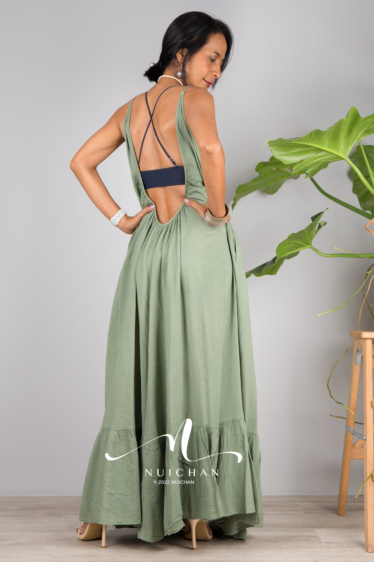 Nuichan Women's Cotton cami dress with open back | Green slip dress