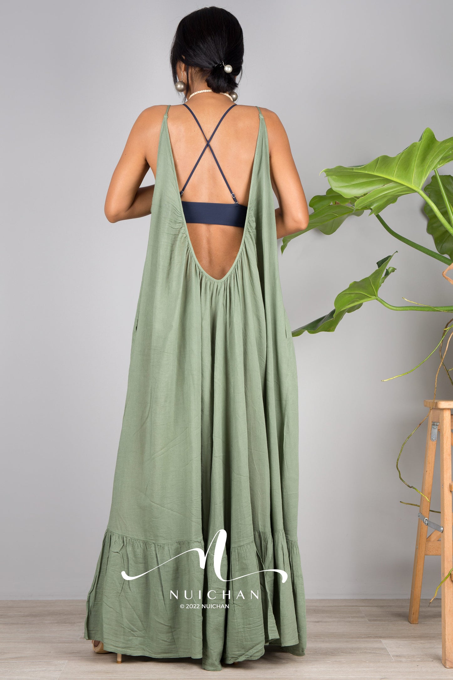 Nuichan Women's Cotton cami dress with open back | Green slip dress