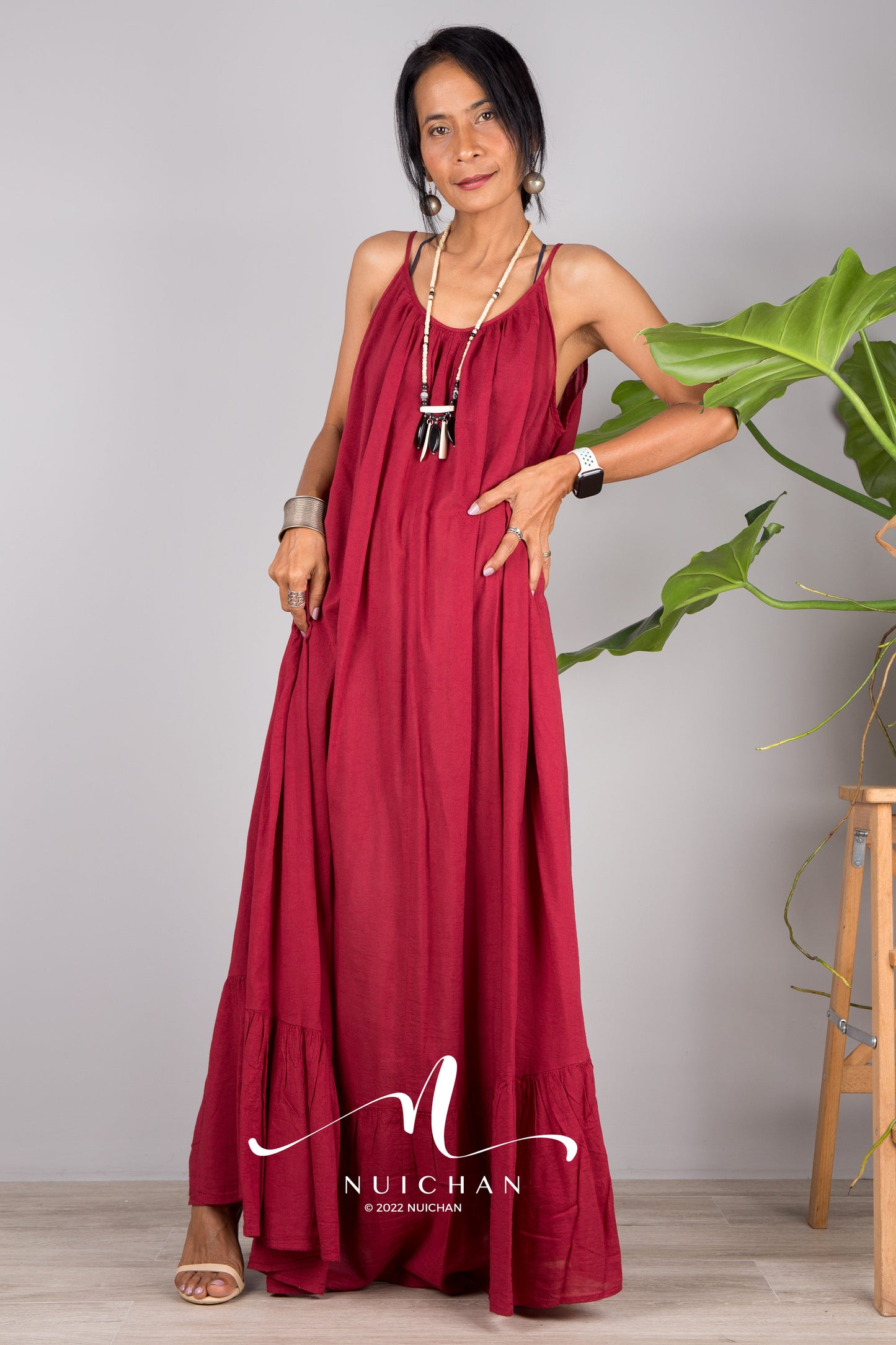 Nuichan Women's Cotton cami dress with open back | Red slip dress