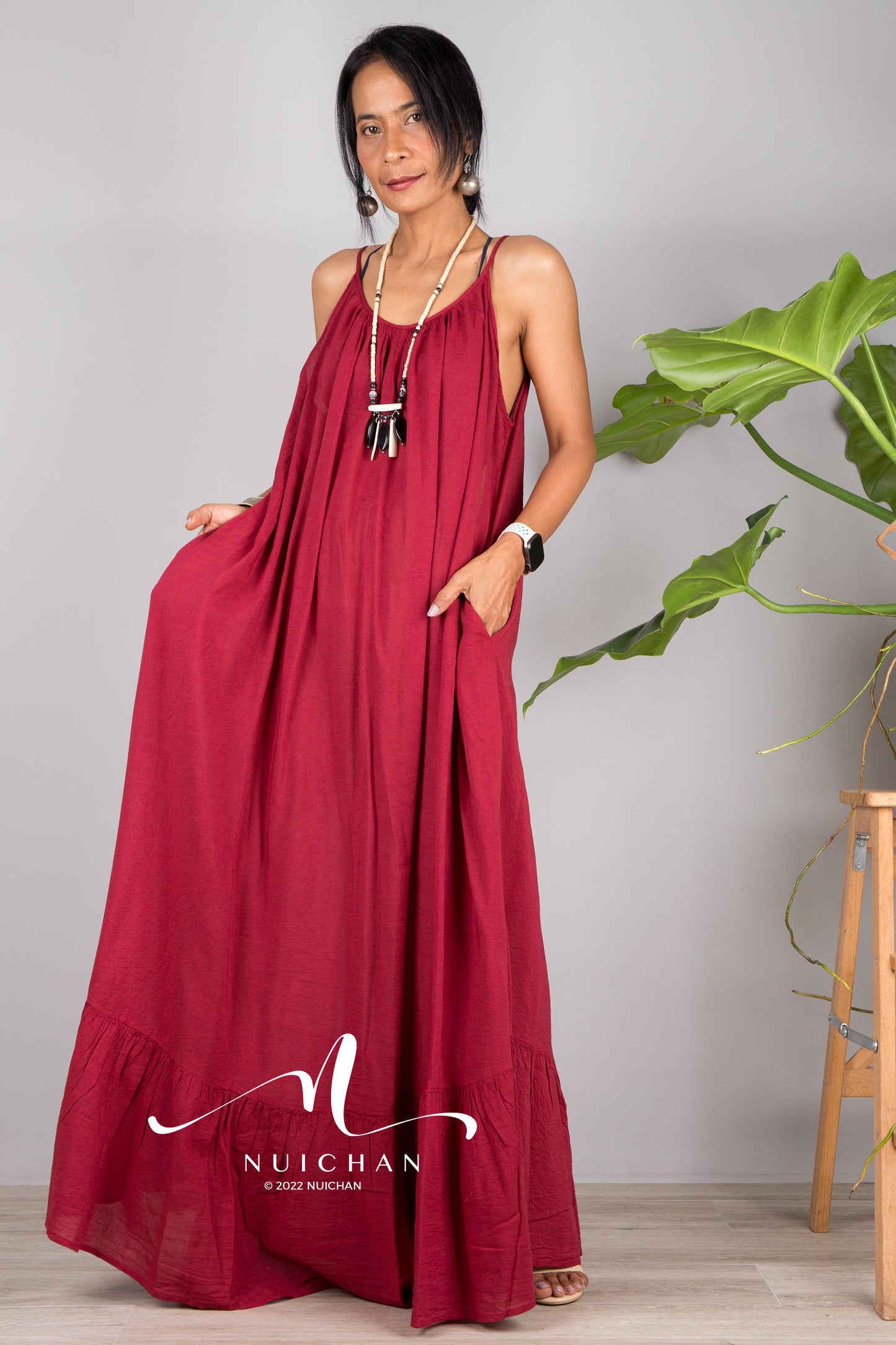 Nuichan Women's Cotton cami dress with open back | Red slip dress