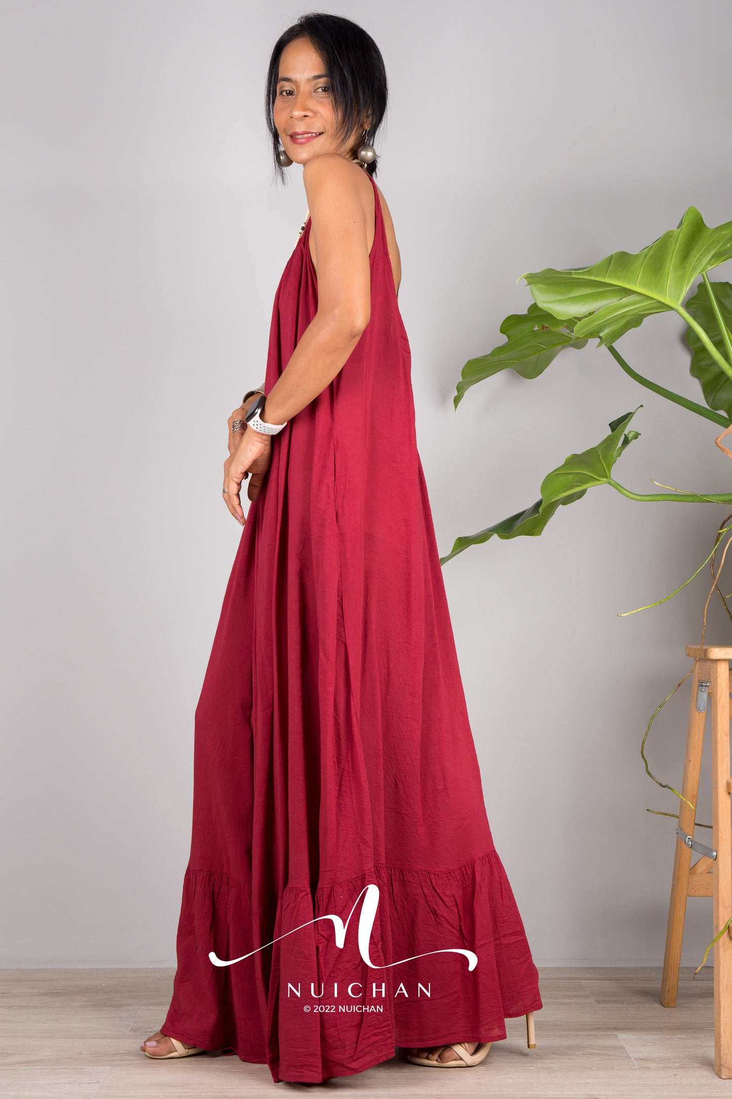 Nuichan Women's Cotton cami dress with open back | Red slip dress