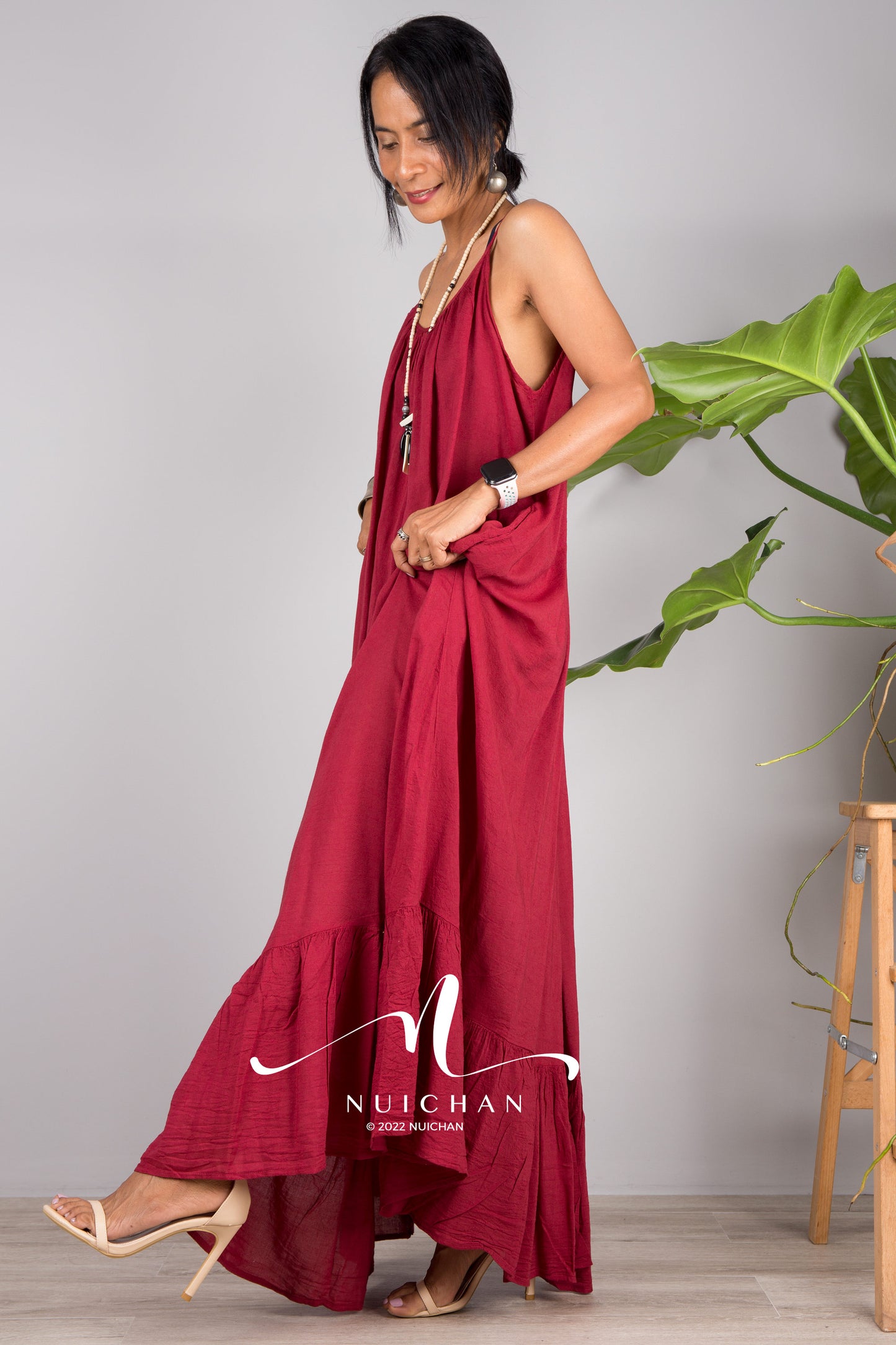 Nuichan Women's Cotton cami dress with open back | Red slip dress