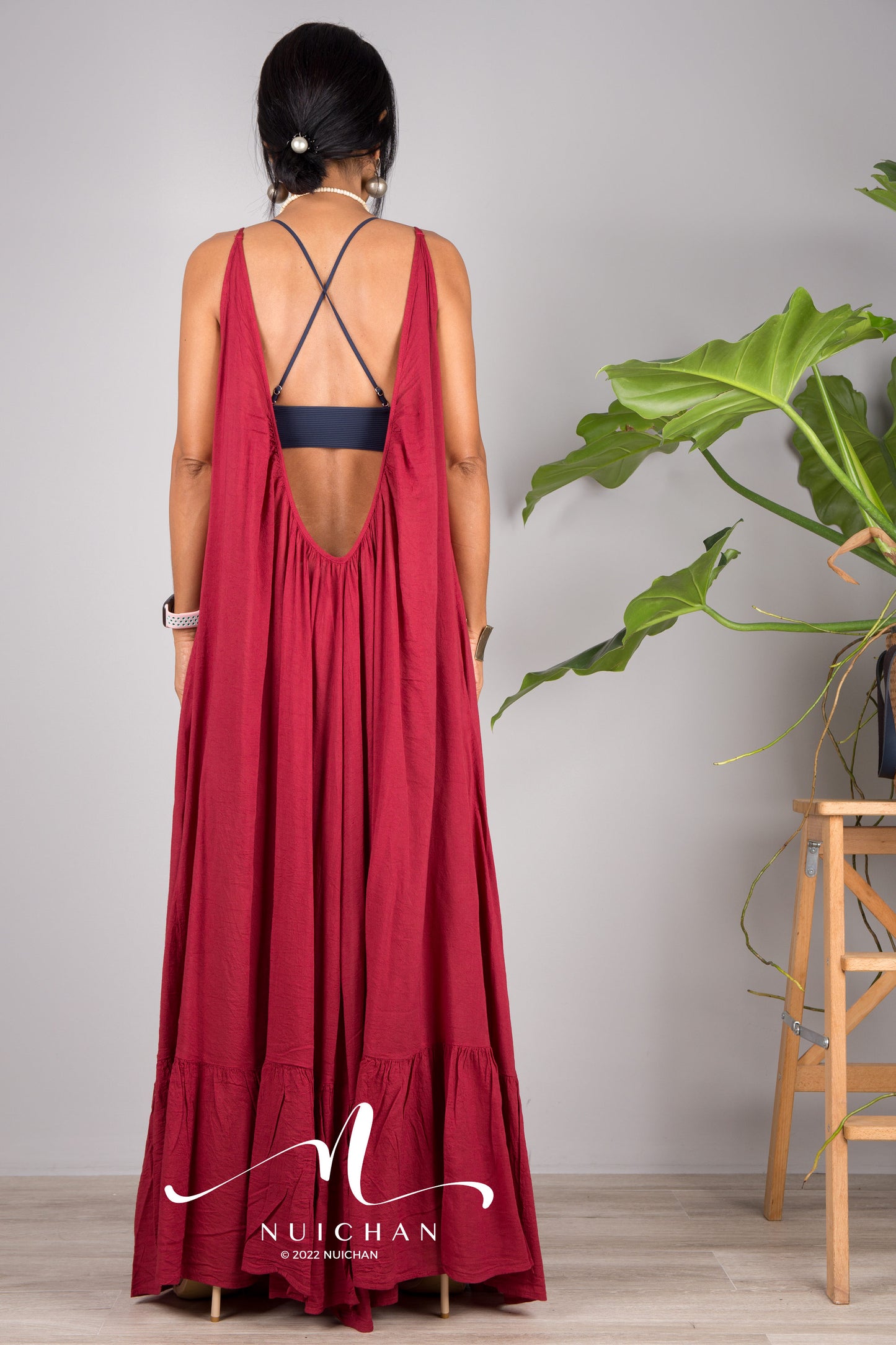 Nuichan Women's Cotton cami dress with open back | Red slip dress