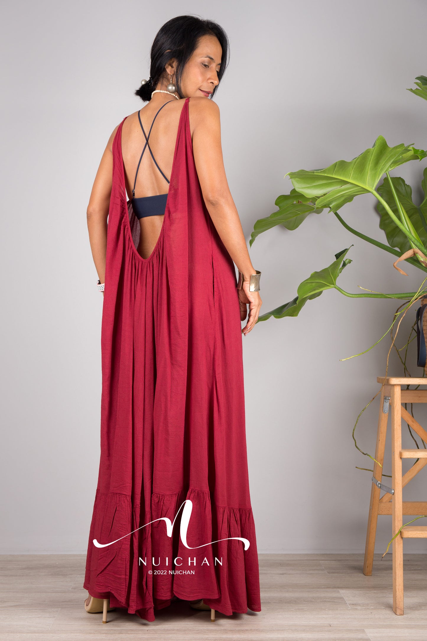 Nuichan Women's Cotton cami dress with open back | Red slip dress
