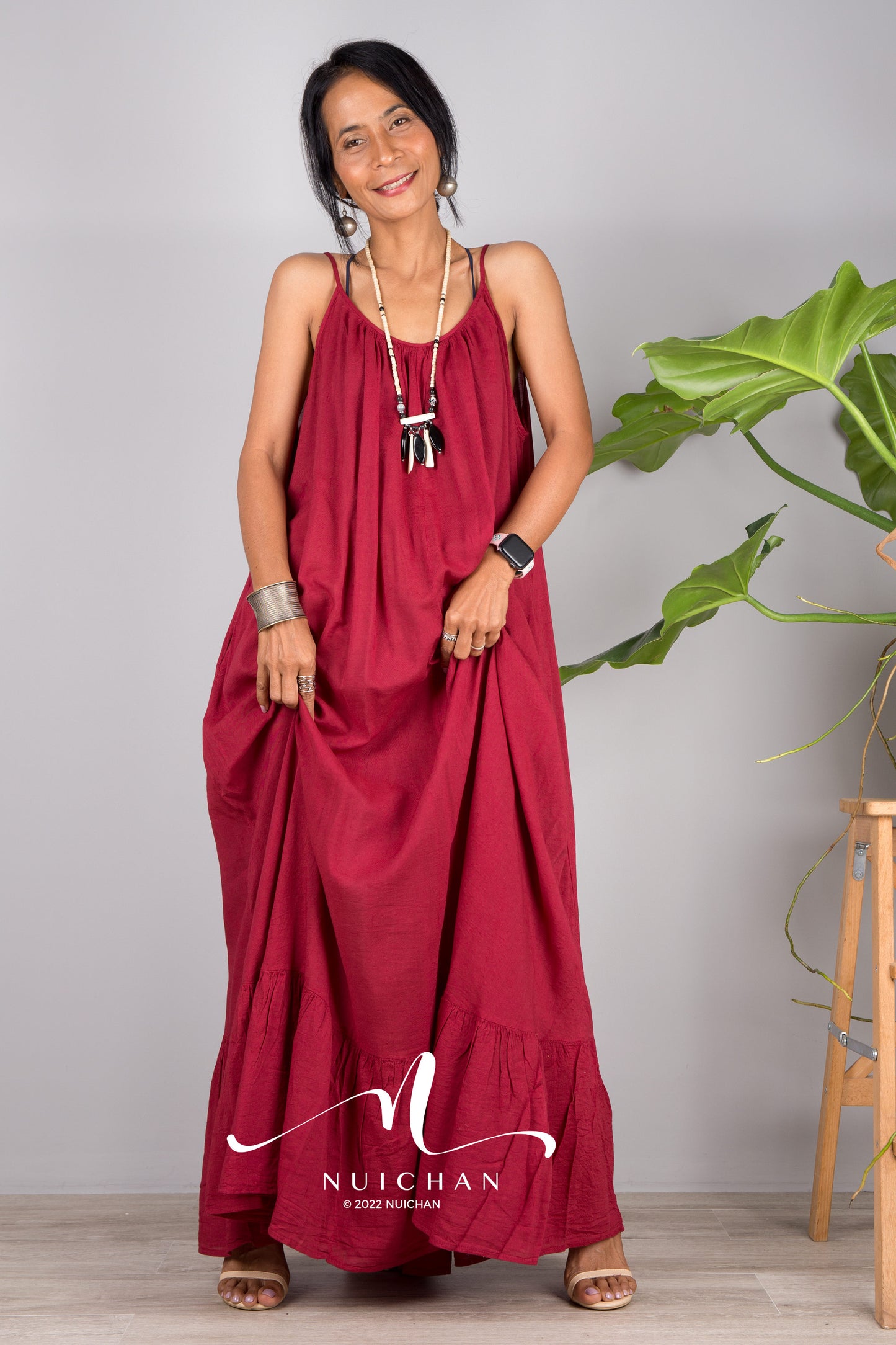 Nuichan Women's Cotton cami dress with open back | Red slip dress
