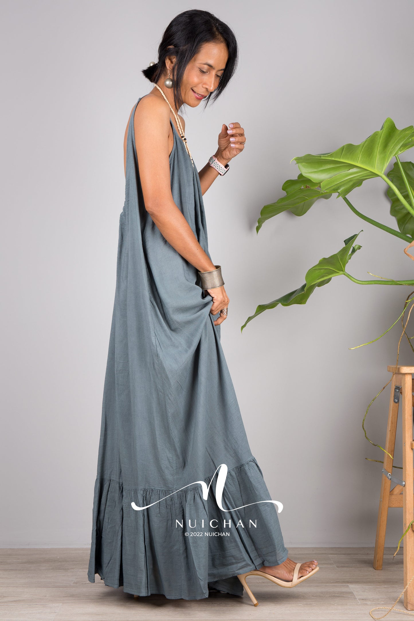 Nuichan Women's Cotton cami dress with open back | Grey slip dress