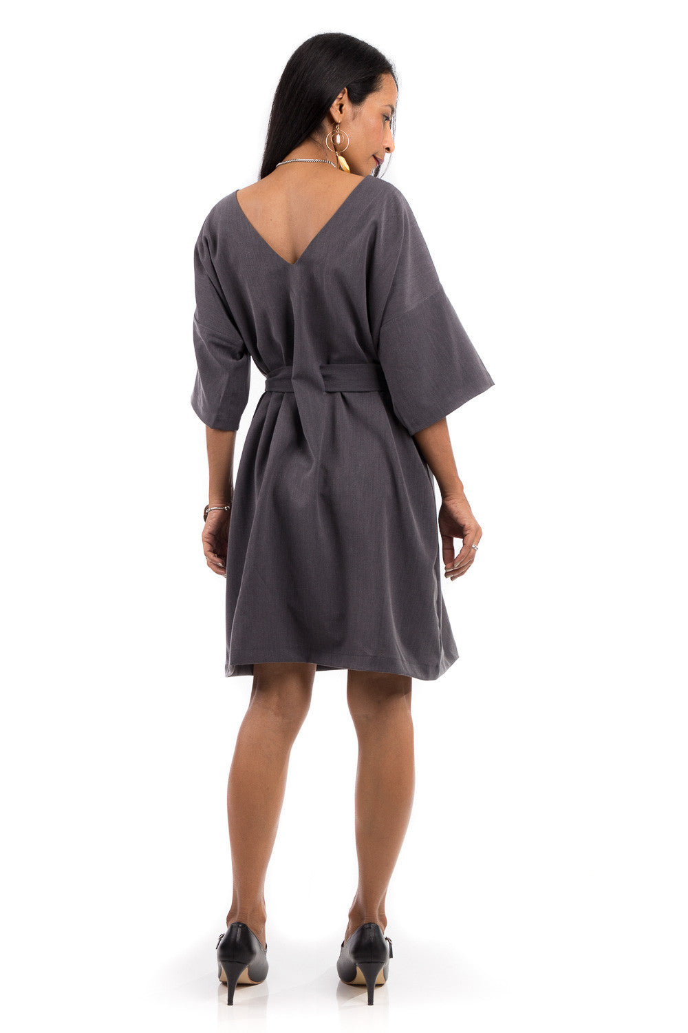 Short grey summer dress. Modest grey dress with medium length sleeves and a subtle plunging neckline in the back.