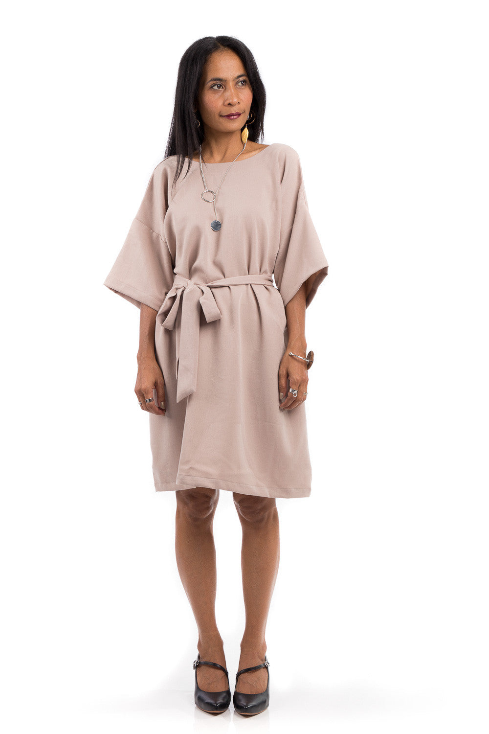Short summer dress with half length sleeves. Modest neckline with waistband accent. Above the knee length dress.