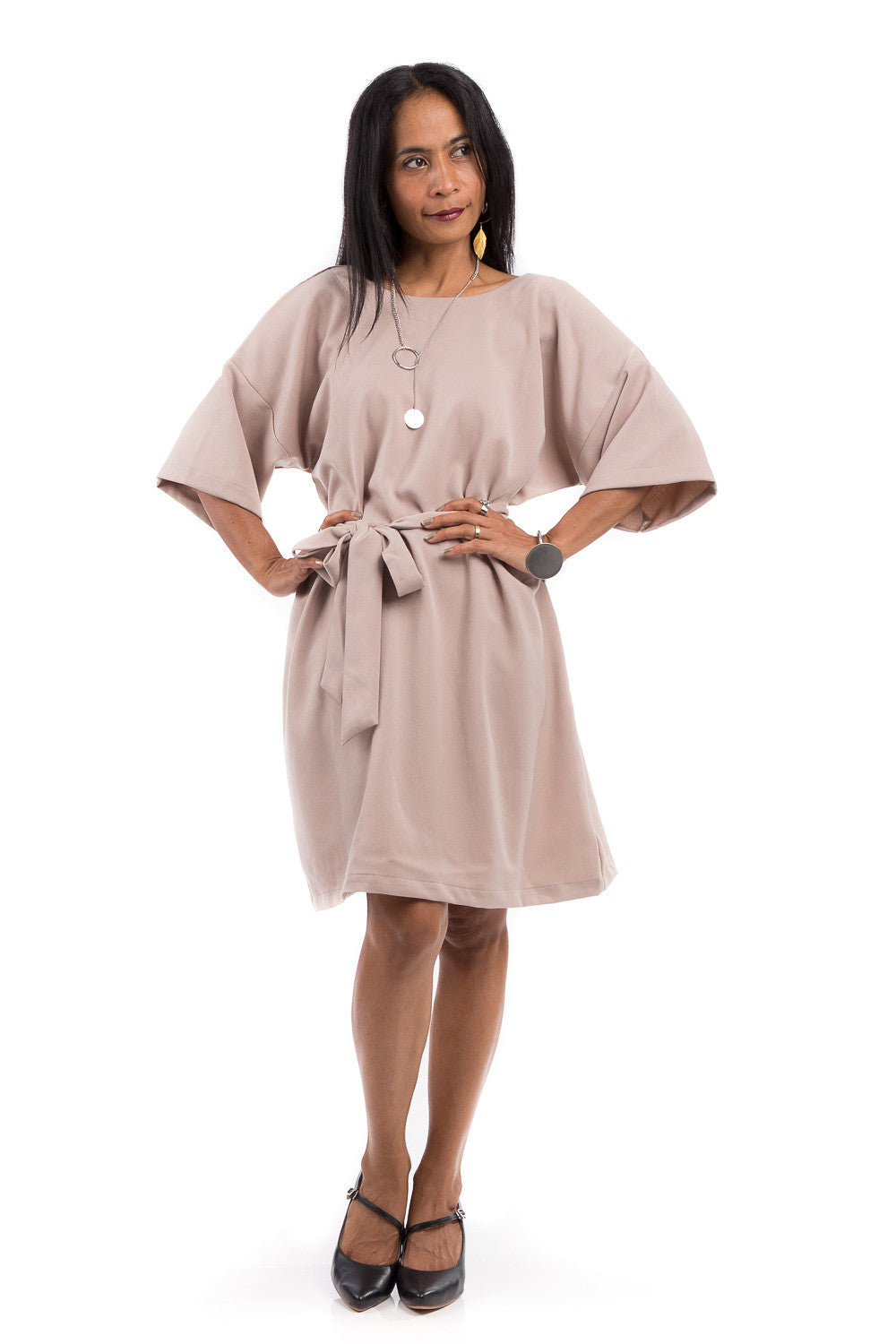 Short summer dress with half length sleeves. Modest neckline with waistband accent. Above the knee length dress.