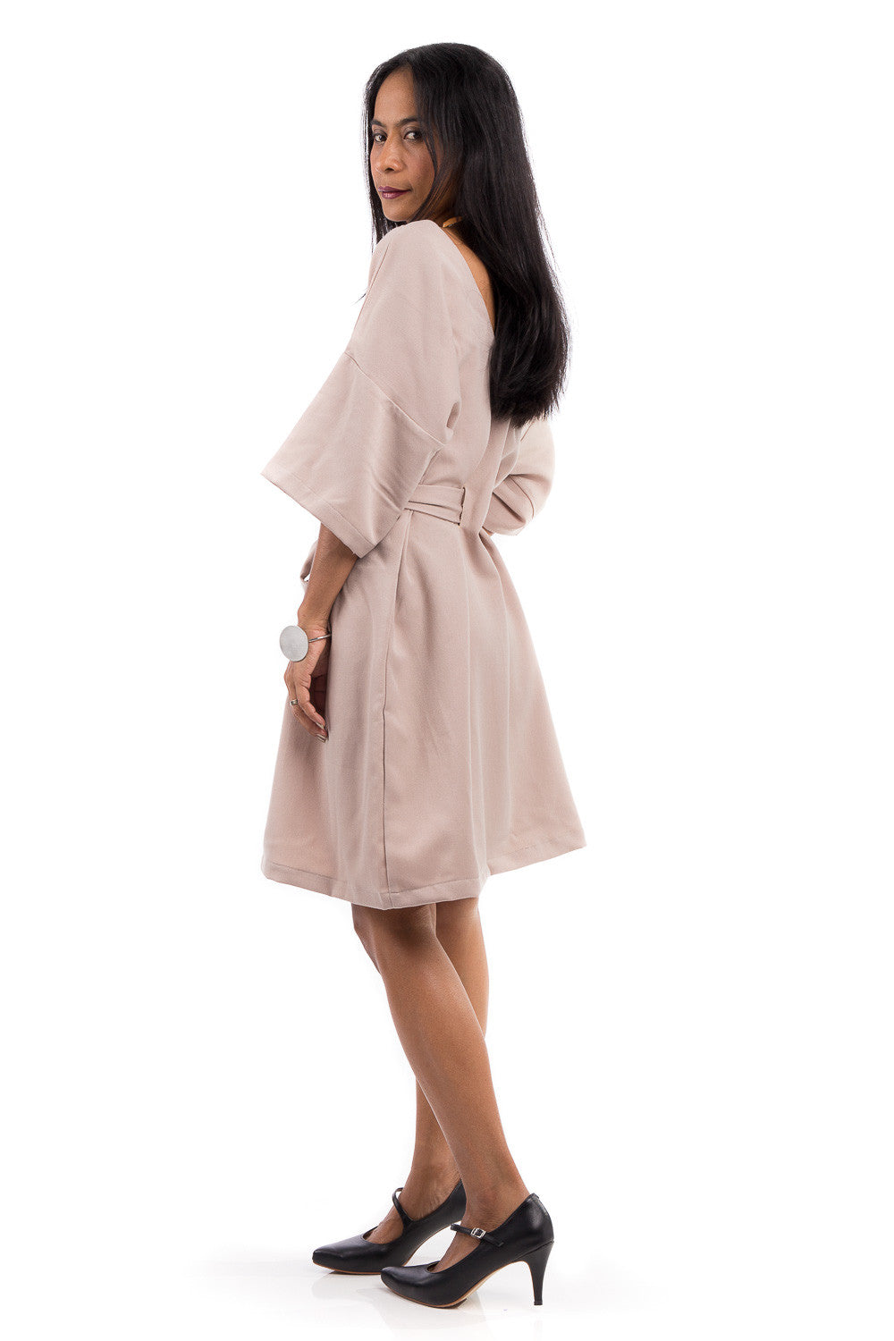 Short summer dress with half length sleeves. Modest neckline with waistband accent. Above the knee length dress.