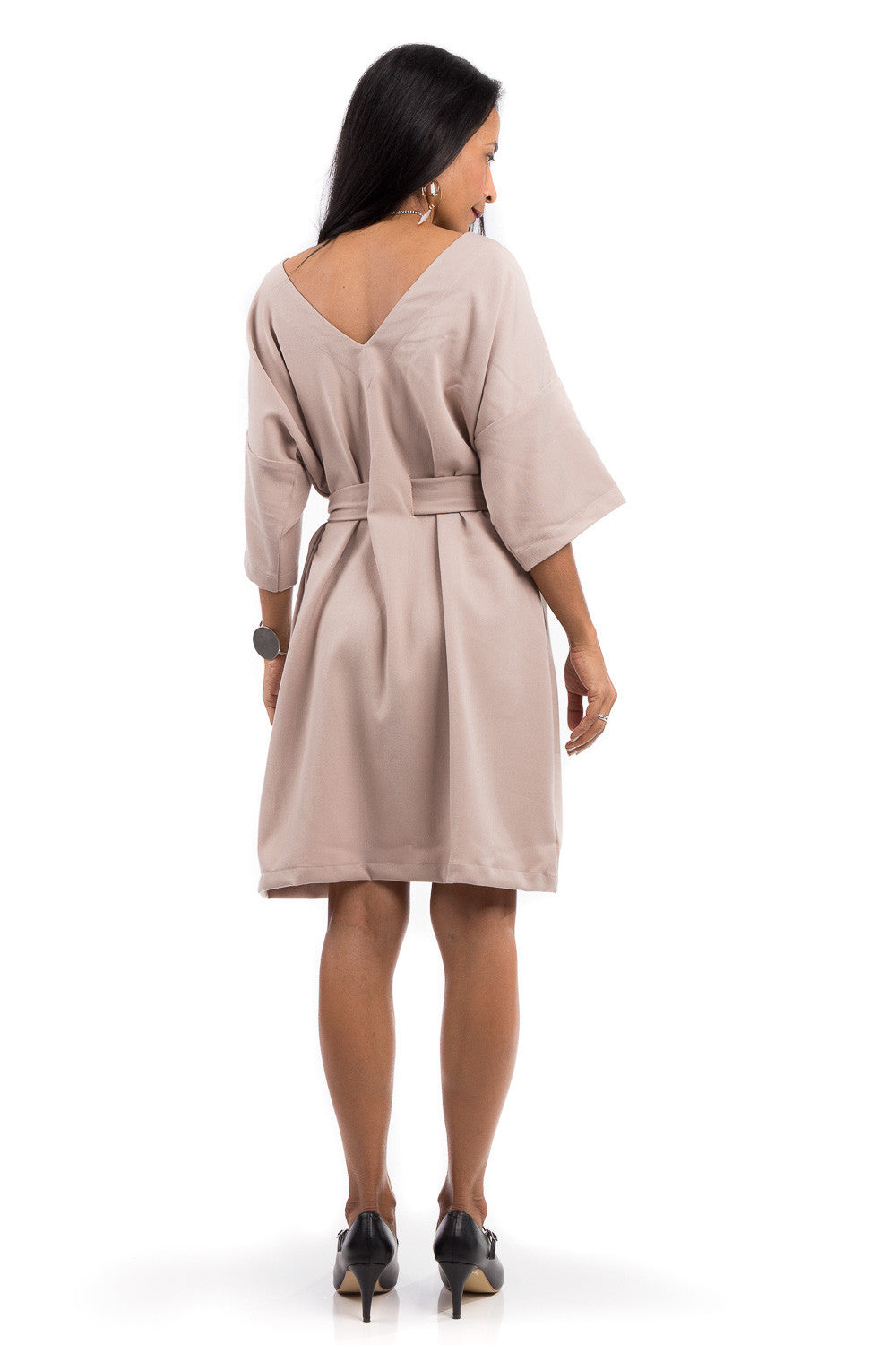 Short summer dress with half length sleeves. Modest neckline with waistband accent. Above the knee length dress.