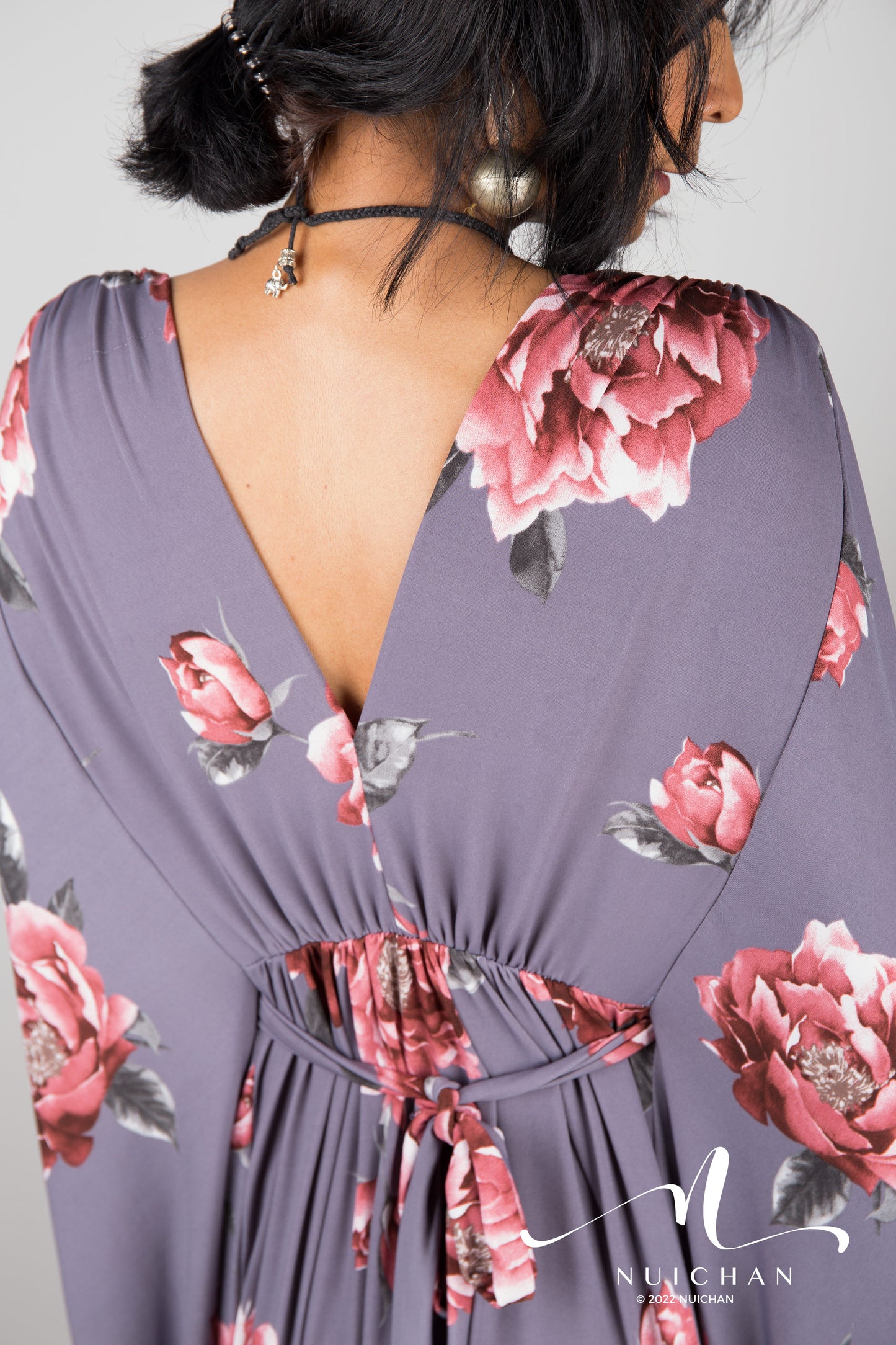Grey kaftan maxi dress with v neck and batwing sleeves. Petite caftan with floral print