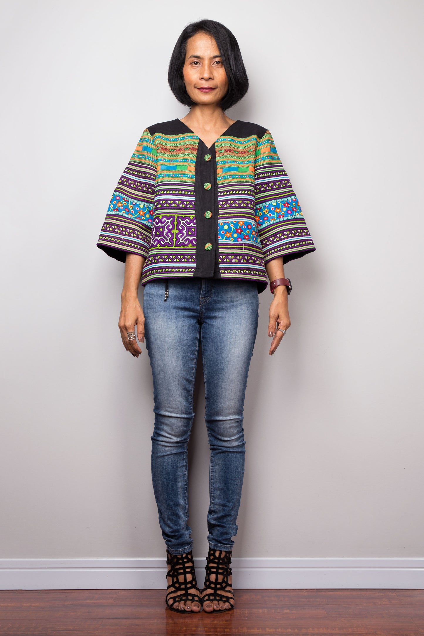 One of a kind hill tribe clothing by Nuichan. Oversized blouse top with embroidery