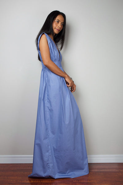 Blue maxi dress, bridesmaid dress with plunging neckline, sleeveless blue dress by Nuichan
