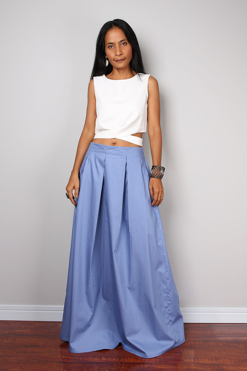 Light blue pleated skirt, blue maxi skirt, skirt with pocket, floor length skirt by Nuichan