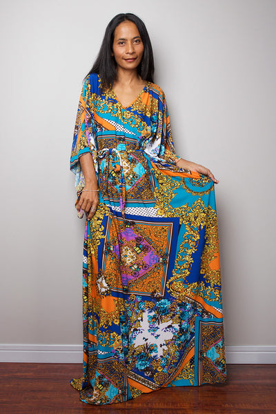 Blue orange print dress, kaftan dress, loose fit maxi dress, boho print dress, maxi dress with subtle neckline, boho dress by Nuichan