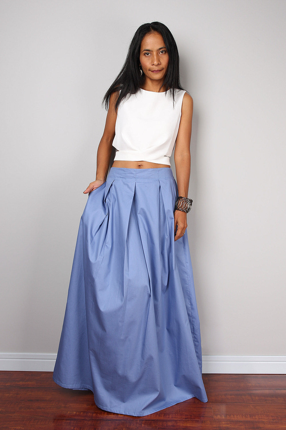 Light blue pleated skirt, blue maxi skirt, skirt with pocket, floor length skirt by Nuichan