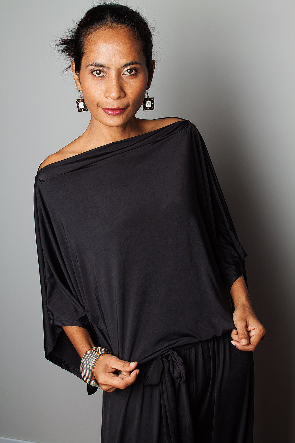 black jumpsuit, wide leg jumpsuit with blouse top part by Nuichan