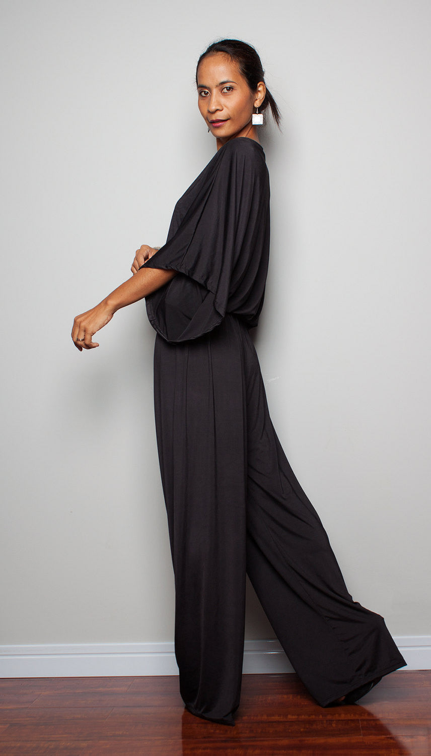 black jumpsuit, wide leg jumpsuit with blouse top part by Nuichan