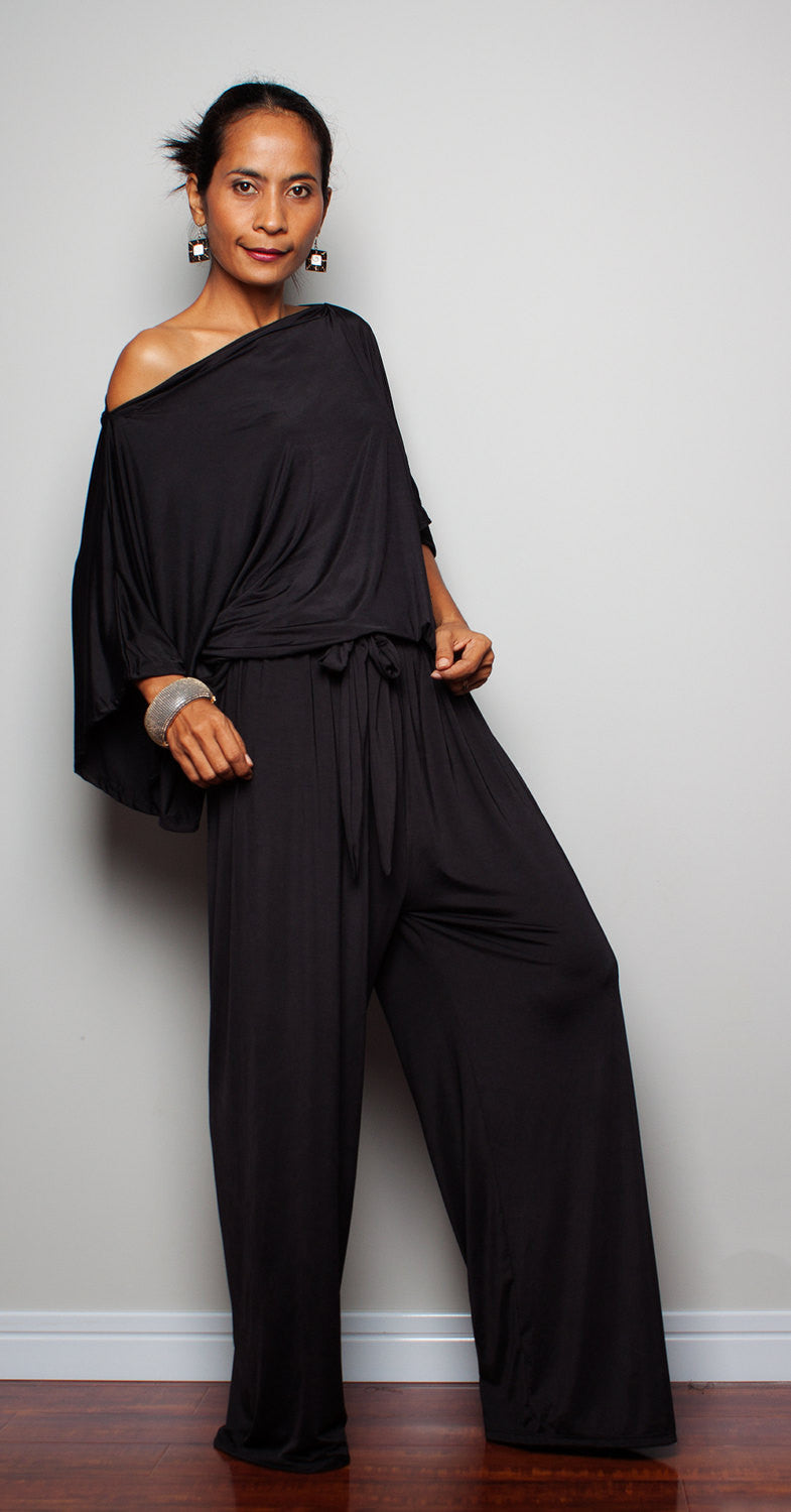 black jumpsuit, wide leg jumpsuit with blouse top part by Nuichan