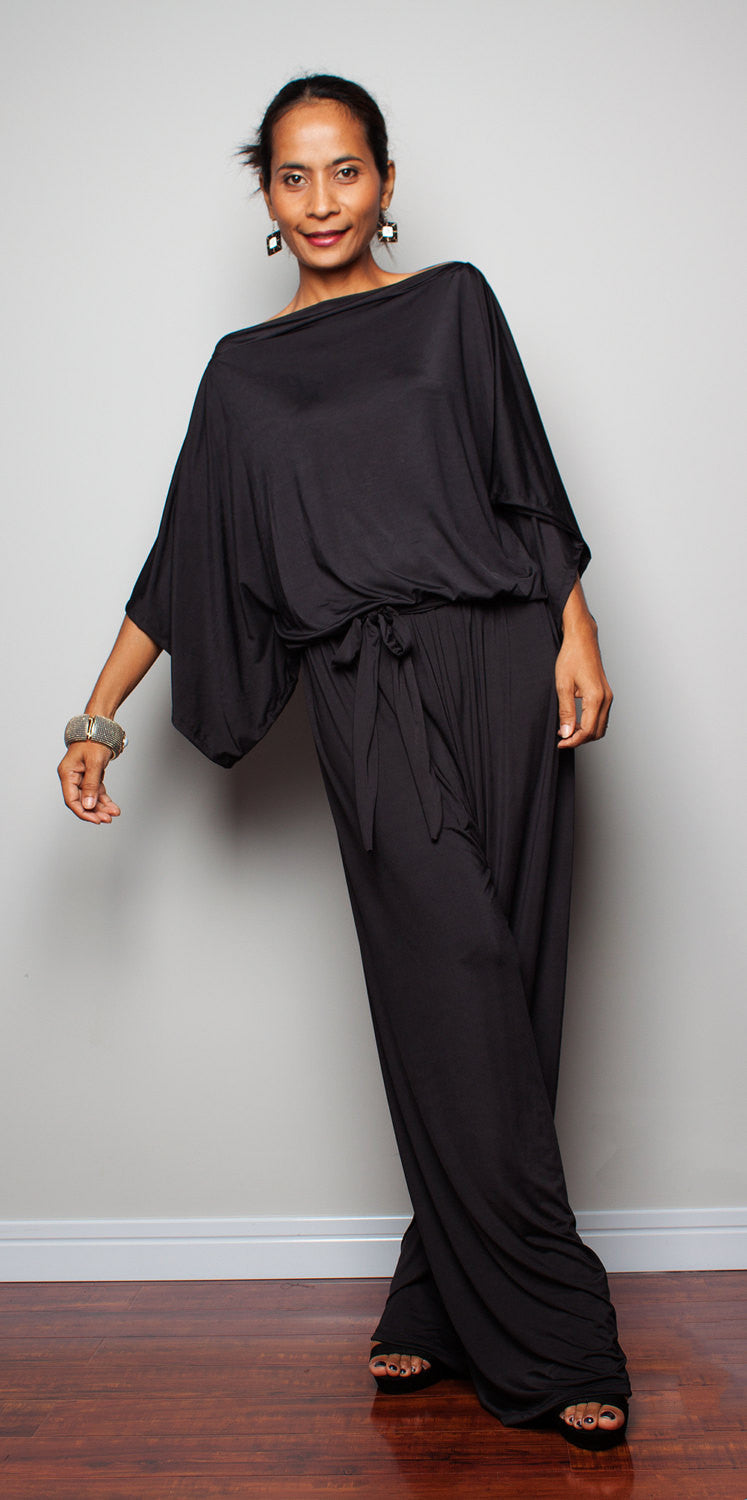 black jumpsuit, wide leg jumpsuit with blouse top part by Nuichan