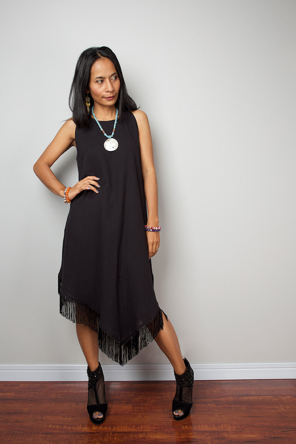 cotton fringe dress Supima Cotton Twill Dress with Draped Top and Fringes