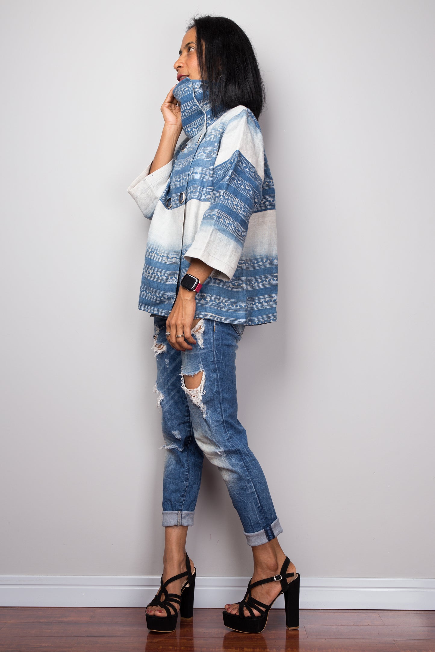 Natural Hemp jacket blouse with a geometric pattern in indigo, showcasing the organic hemp fabric and button-front closure.