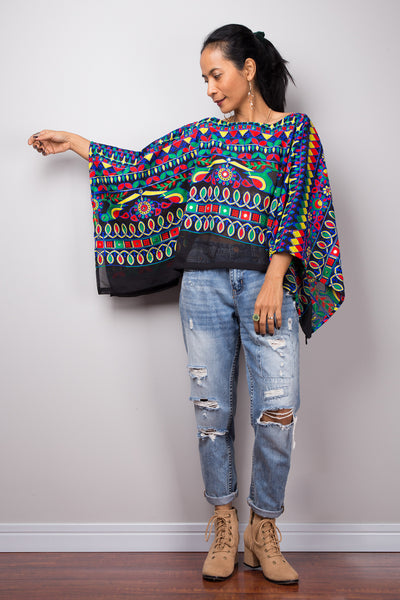 Boho poncho top, A cropped embroidered kaftan top, Light sweater poncho or beach cover