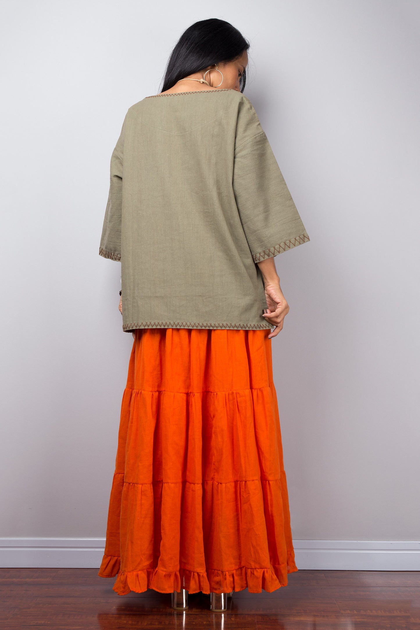 Modest cotton summer pullover top | Khaki green women's tunic top