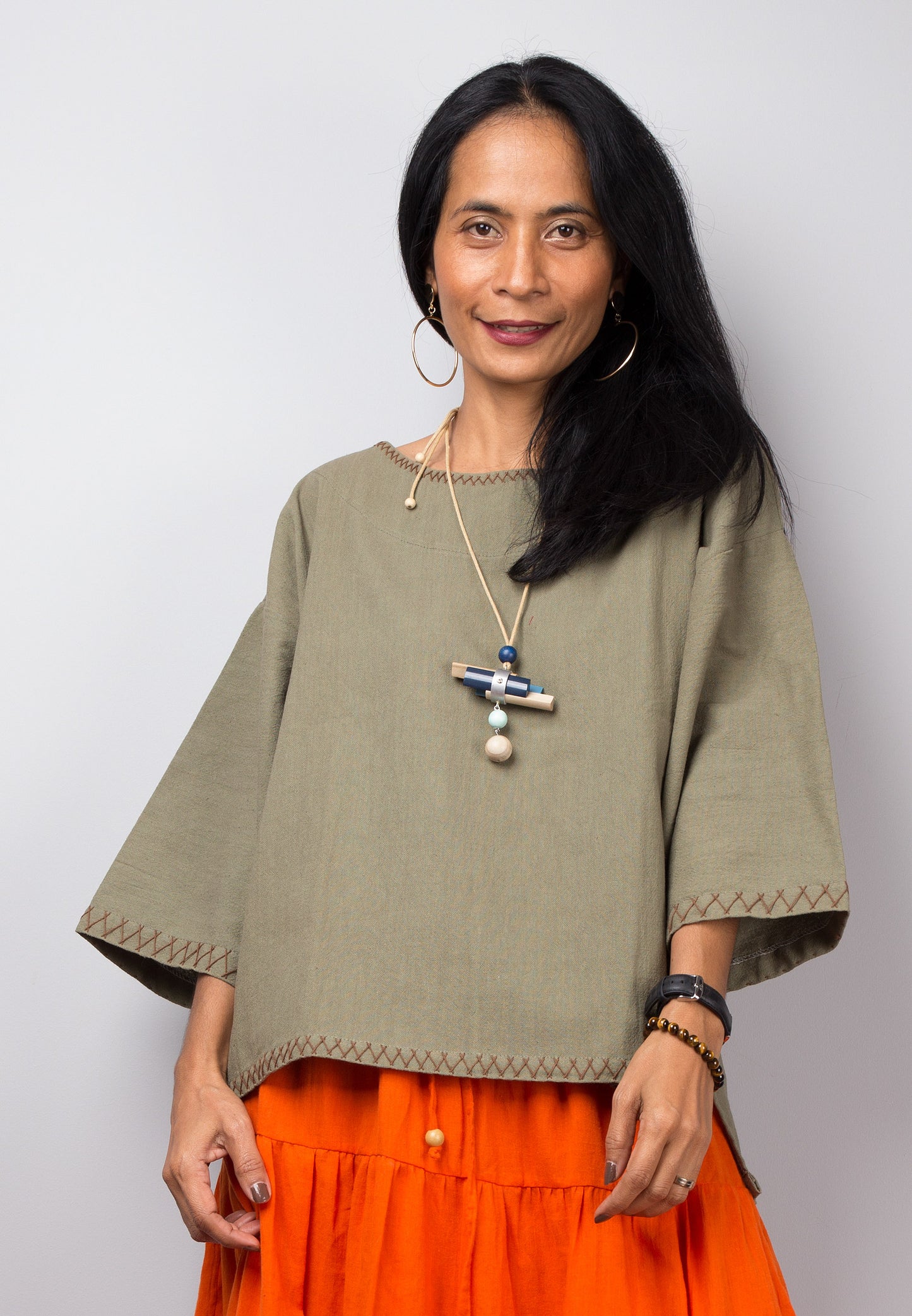 Modest cotton summer pullover top | Khaki green women's tunic top