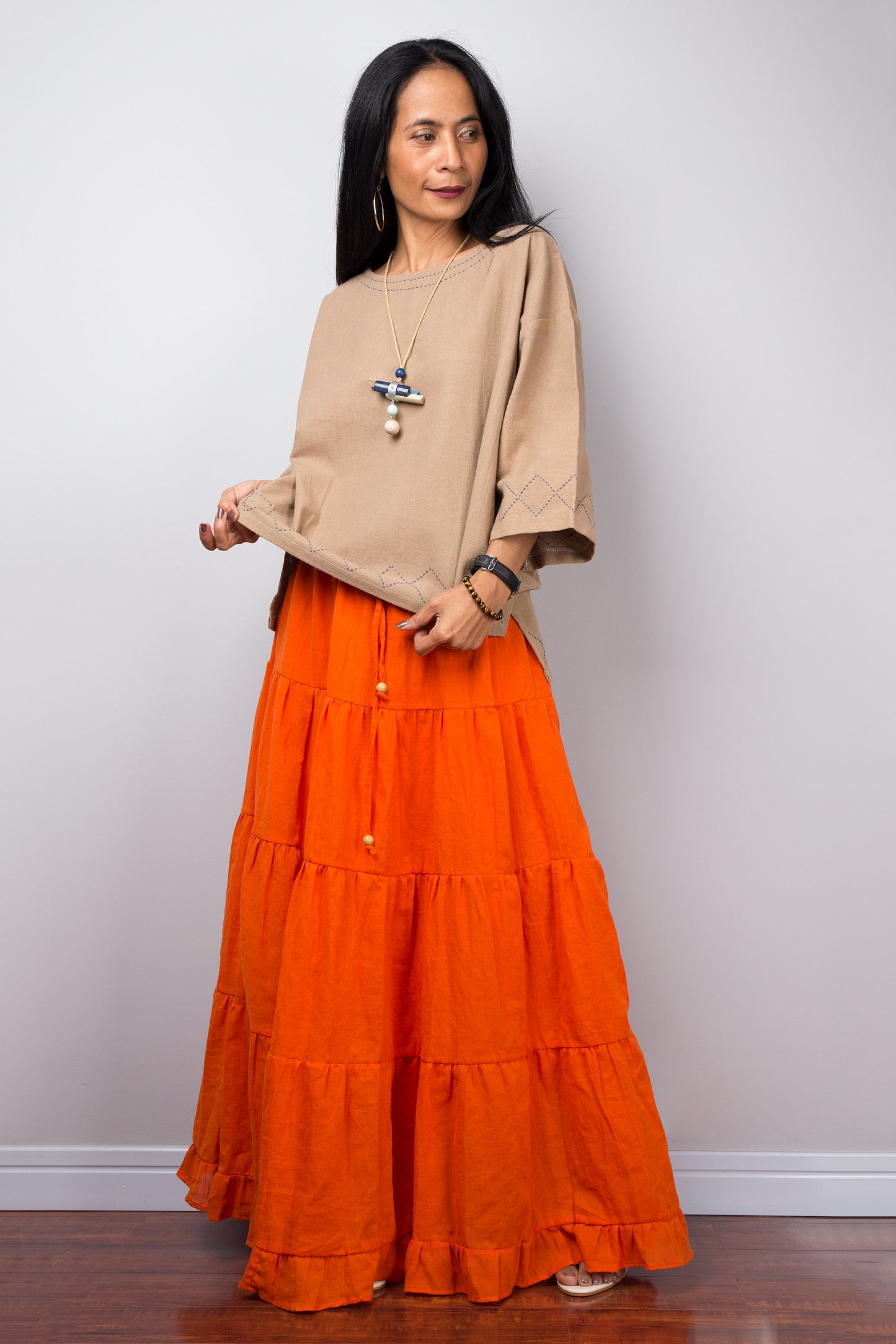 Modest cotton summer pullover top | Light brown women's tunic top