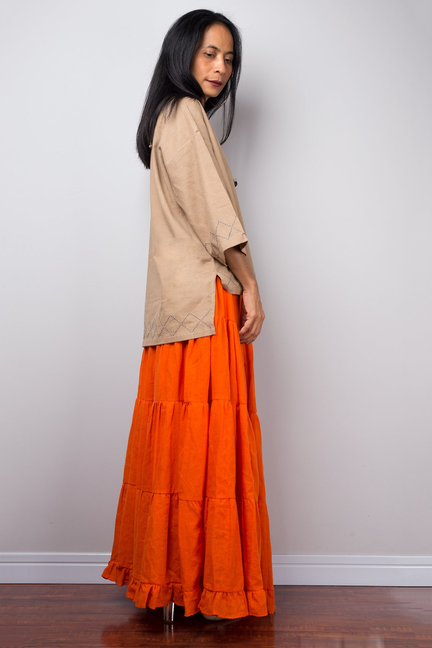 Modest cotton summer pullover top | Light brown women's tunic top