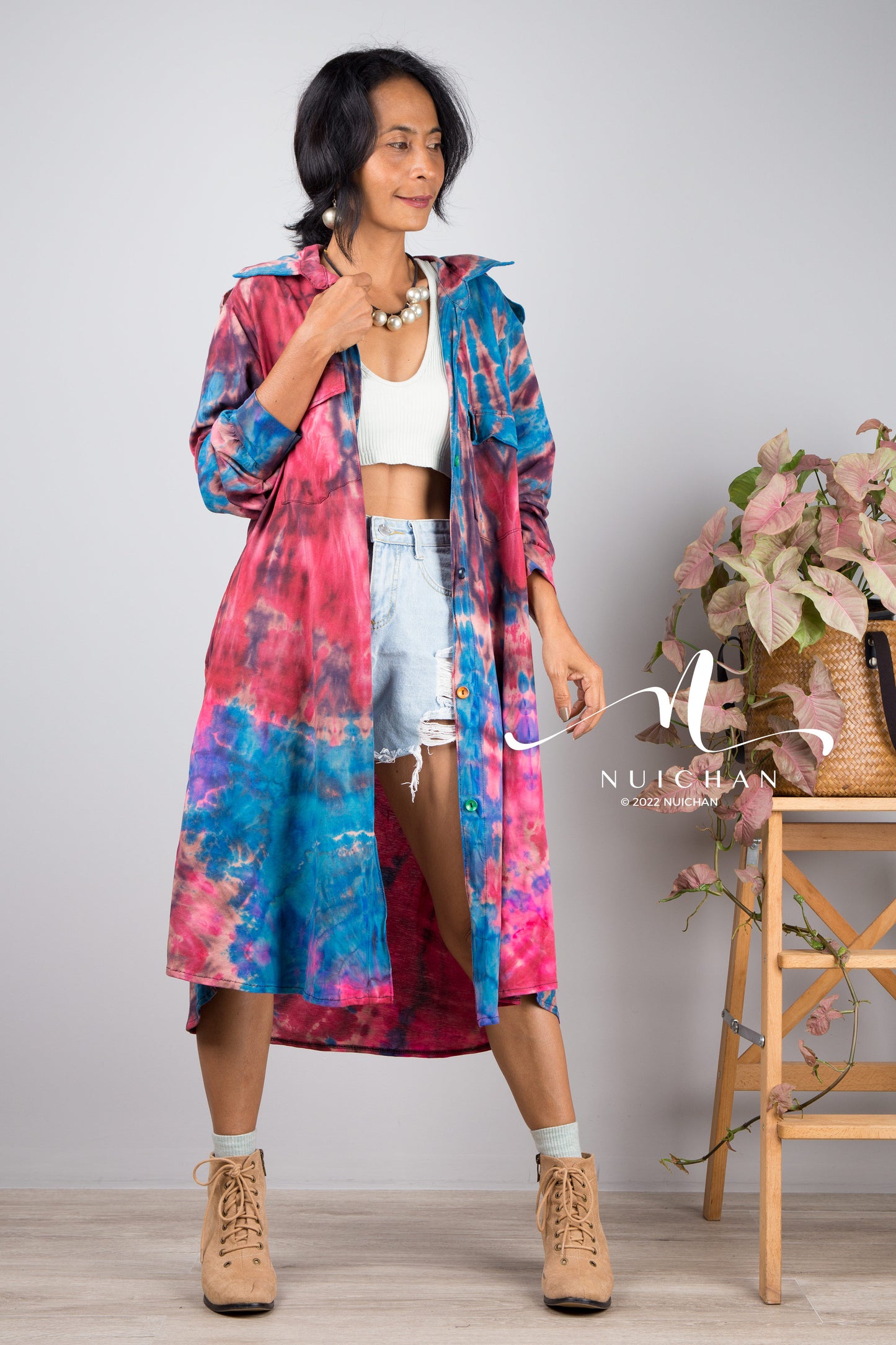 Blaues Tie-Dye-Hemdblusenkleid