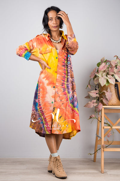 Tie dye shirt dress, Hand dyed midi Dress, Boho Festival dress, rainbow dress, hippie dress, colourful button dress, Summer dress with pockets