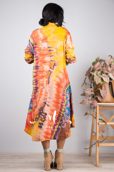 Tie dye shirt dress, Hand dyed midi Dress, Boho Festival dress, rainbow dress, hippie dress, colourful button dress, Summer dress with pockets