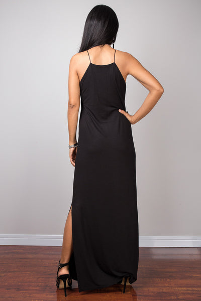 Black dress, Spaghetti halter dress, summer dress, maxi dress, sleeveless dress, long black dress, split dress, tube dress